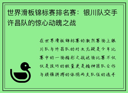 世界滑板锦标赛排名赛：银川队交手许昌队的惊心动魄之战